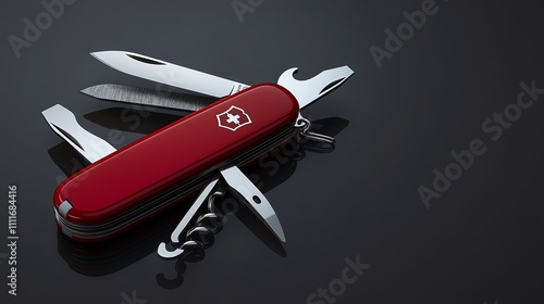 Classic red Swiss Army Knife open with several tools visible. photo