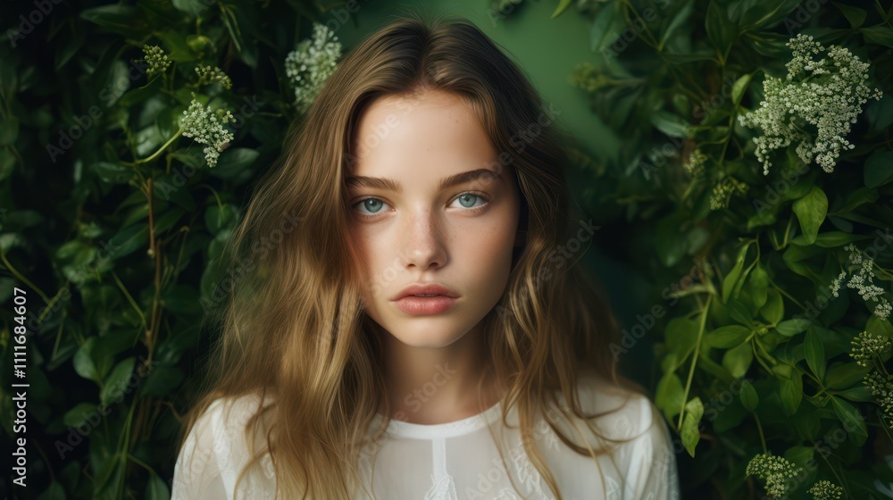 Portrait of a Young Woman with Long Hair Capturing Natural Beauty and Serenity in a Lush Environment Portrait of a Young Woman with Long Hair Capturing Natural Beauty and Serenity in a Lush Environment