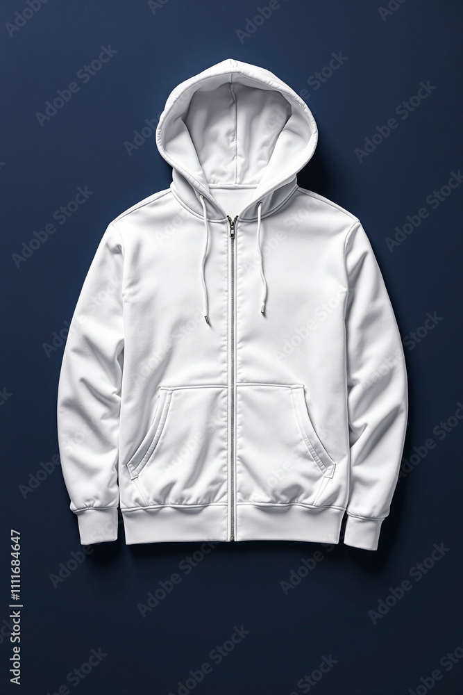 Minimalist White Zip-Up Hoodie on Dark Blue Background Minimalist White Zip-Up Hoodie on Dark Blue Background