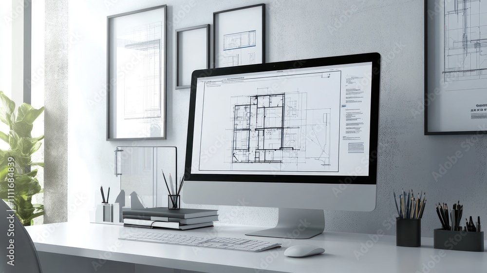 Modern workspace with architectural plans on display Modern workspace with architectural plans on display