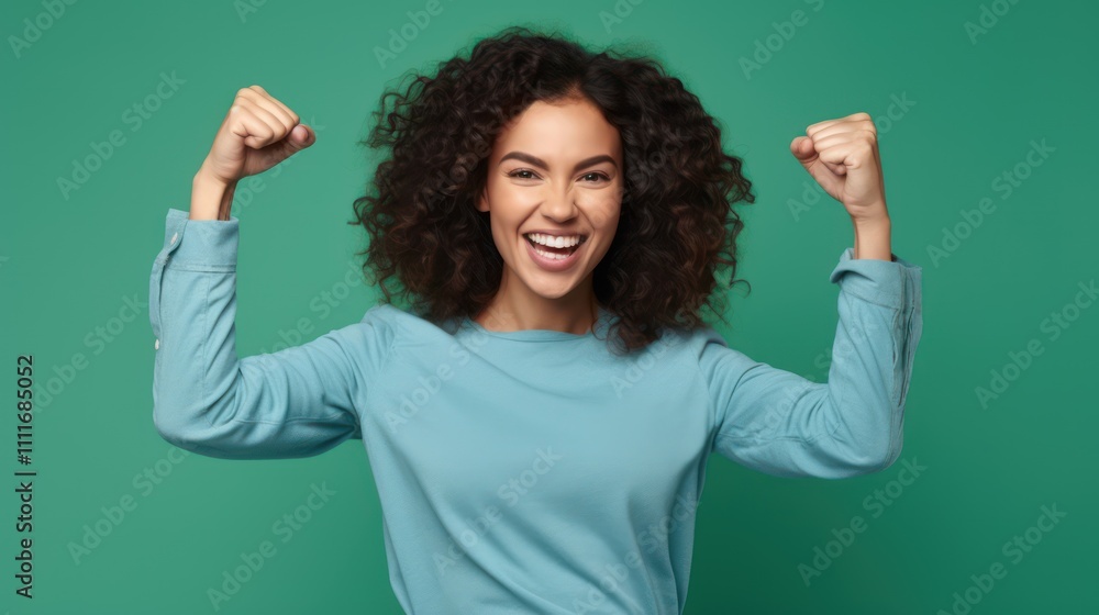 Young Woman Celebrating Success with Raised Fists and Big Smile Against a Green Background, Exuding Confidence and Joyful Spirit of Achievement Young Woman Celebrating Success with Raised Fists and Big Smile Against a Green Background, Exuding Confidence and Joyful Spirit of Achievement