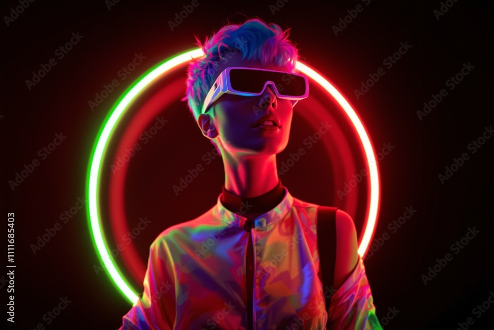 Futuristic Fashion Portrait of a Woman with Neon Accessories and Vibrant Lighting Futuristic Fashion Portrait of a Woman with Neon Accessories and Vibrant Lighting