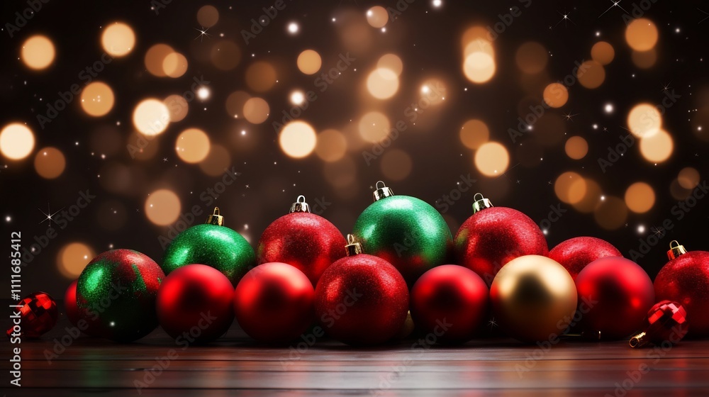 Merry Christmas text surrounded by shiny red and green baubles glitter and other festive holiday on a cozy warm background Merry Christmas text surrounded by shiny red and green baubles glitter and other festive holiday on a cozy warm background