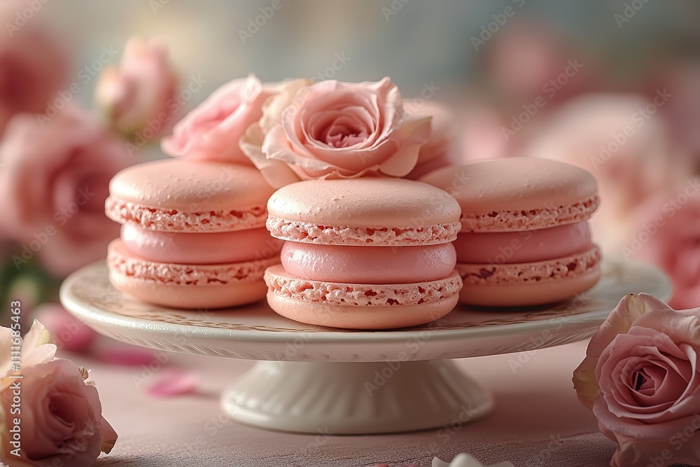 Delicate pink macarons on a cake stand with a rose on top. Perfect for a special occasion or a sweet treat. Delicate pink macarons on a cake stand with a rose on top. Perfect for a special occasion or a sweet treat.