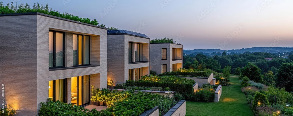 Fototapeta premium Modern luxury homes with large windows and green surroundings at sunset.