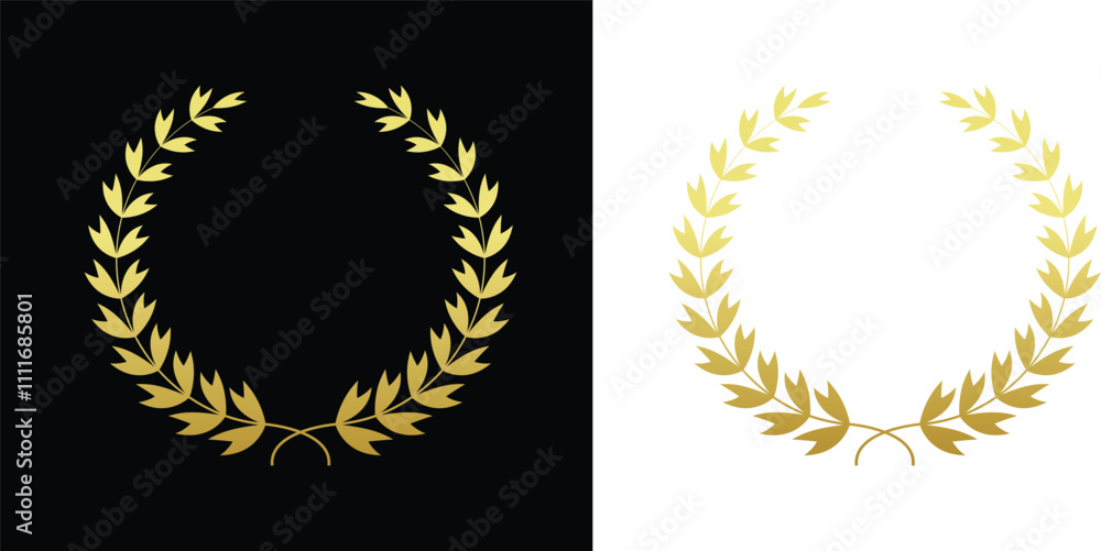 Obraz premium Golden laurel wreath. Gold wreath and branches with leaves. Trophy, award, champion concept badge, golden branch with leaves.