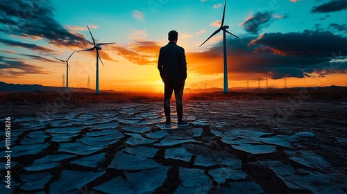 Silhouetted Observer Contrasting Pollution and Renewable Energy Solutions at Dramatic Sunset photo