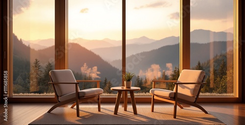 Cozy Living Room with Scenic Mountain View at Sunset