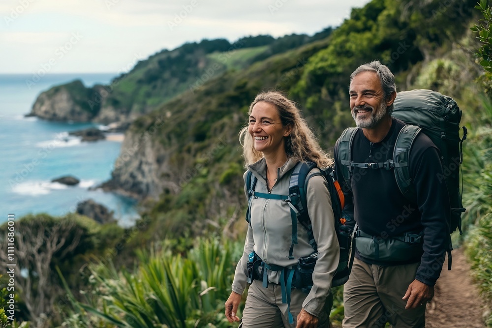 Smiling Couple Hiking on Picturesque Coastal Trail with Ocean Views Smiling Couple Hiking on Picturesque Coastal Trail with Ocean Views