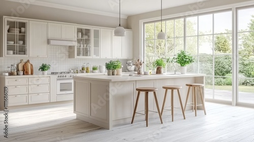 A bright, modern kitchen with white cabinetry, a large island, wooden stools, and abundant natural light from large windows.