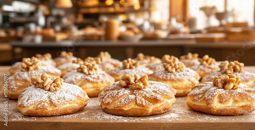 Freshly Baked Pastries with Walnuts and Powdered Sugar in a Cozy Bakery Setting