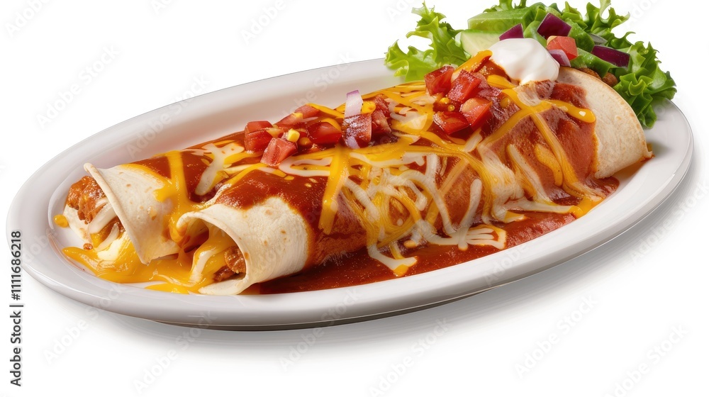 Delicious Mexican Enchiladas with Melted Cheese and Fresh Vegetables on a White Plate Delicious Mexican Enchiladas with Melted Cheese and Fresh Vegetables on a White Plate