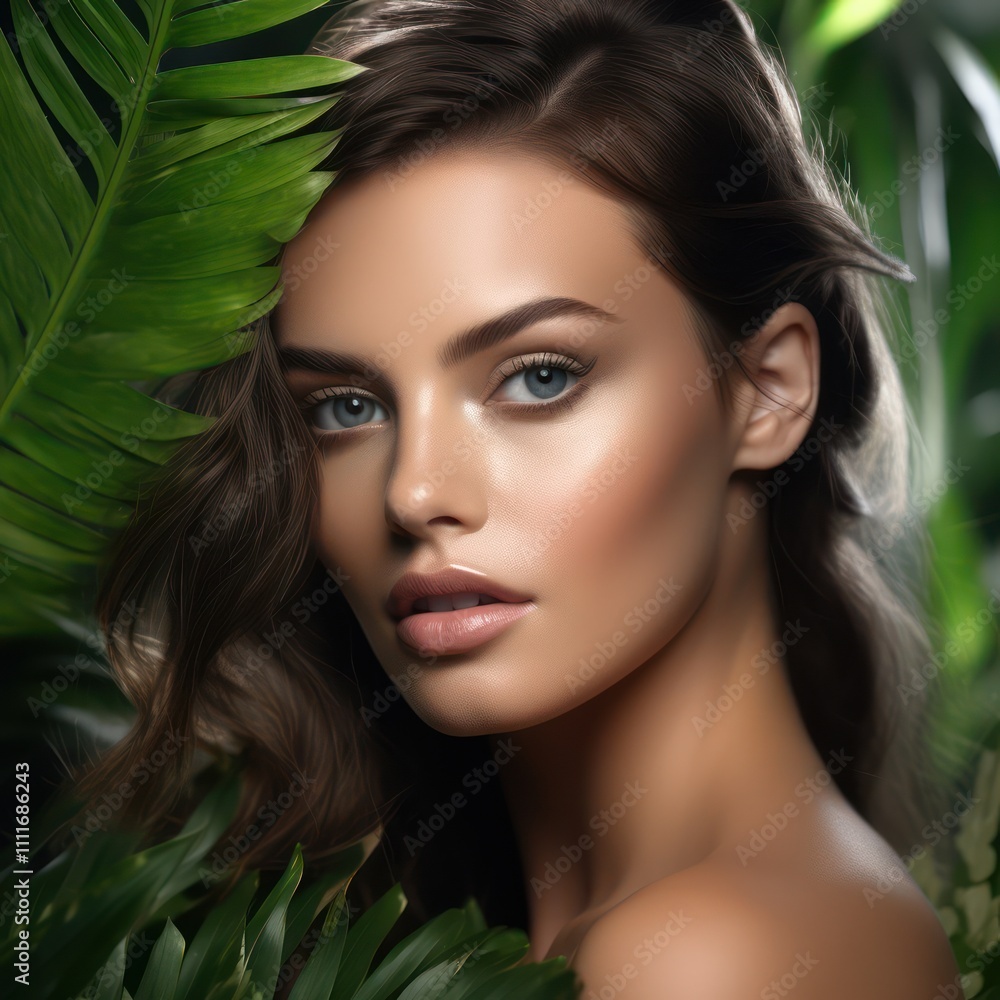 Young Woman with Hair Posing Among Green Tropical Leaves, Exuding Natural Beauty and skin care beauty Young Woman with Hair Posing Among Green Tropical Leaves, Exuding Natural Beauty and skin care beauty