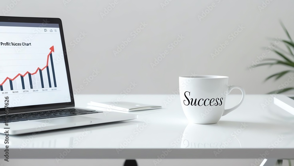A modern workspace featuring a laptop displaying a growth chart and a mug labeled 'Success' on a clean desk. A modern workspace featuring a laptop displaying a growth chart and a mug labeled 'Success' on a clean desk.