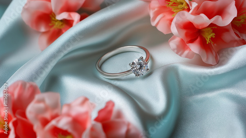 Diamond ring on silk with pink flowers.