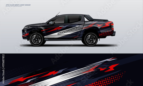 car truck double cabin branding sport rally dakar touch of black white , mockup with racing wrap decal or livery design. photo