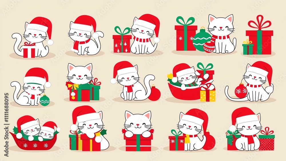 Fototapeta premium Cute festive cats with gifts and decorations showcasing holiday spirit and joy.