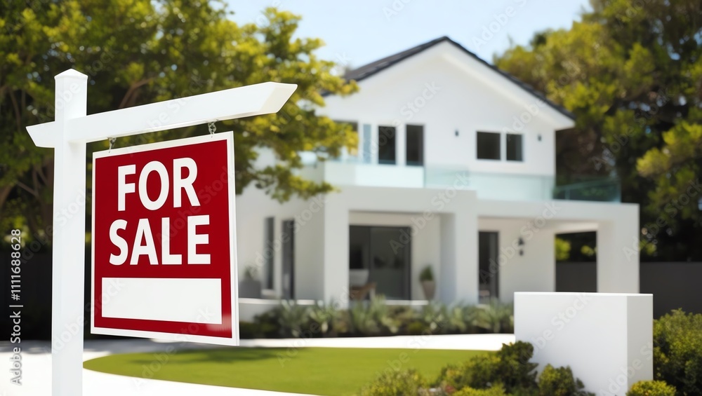 Modern white house with 'For Sale' sign, surrounded by greenery under blue sky. Modern white house with 'For Sale' sign, surrounded by greenery under blue sky.