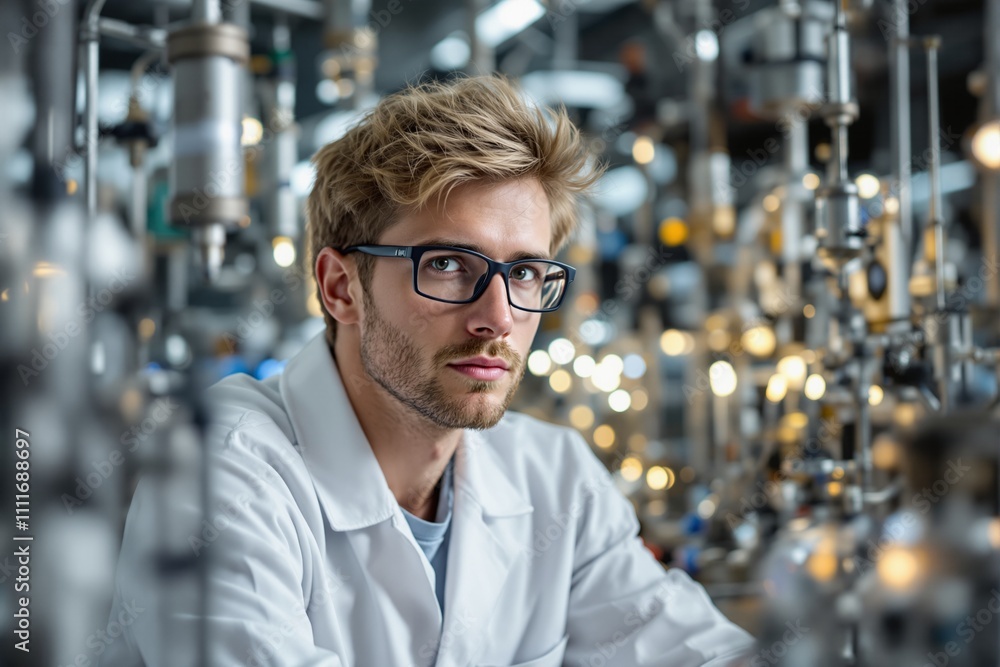 Focused Male Scientist in Laboratory Surrounded by Equipment and Bokeh Lights Focused Male Scientist in Laboratory Surrounded by Equipment and Bokeh Lights