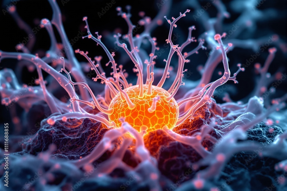 Close-Up of a Fluorescent Microbial Cell with Tentacle-Like Projections on a Microscope Slide Close-Up of a Fluorescent Microbial Cell with Tentacle-Like Projections on a Microscope Slide
