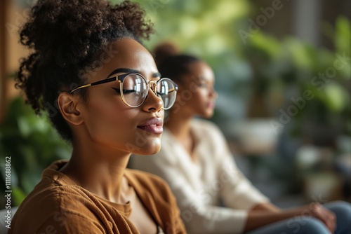 Close-Up Portrait of a Thoughtful Young Woman with Glasses in a Cozy Indoor Setting