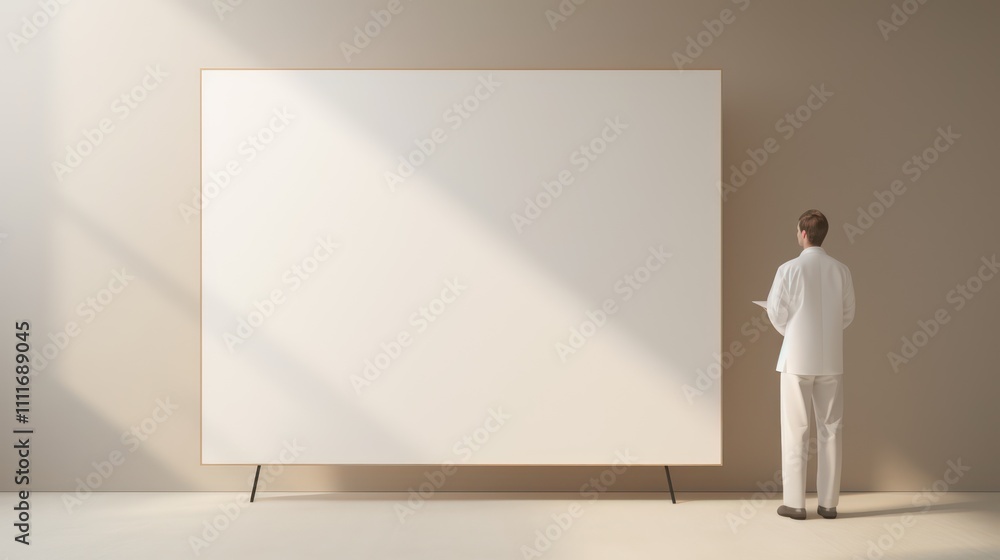 Minimalist Scene with Male and Blank Mock up Canvas in Modern Gallery, Natural Light Casting Shadows, Artistic Exploration of Creativity and Imagination Minimalist Scene with Male and Blank Mock up Canvas in Modern Gallery, Natural Light Casting Shadows, Artistic Exploration of Creativity and Imagination