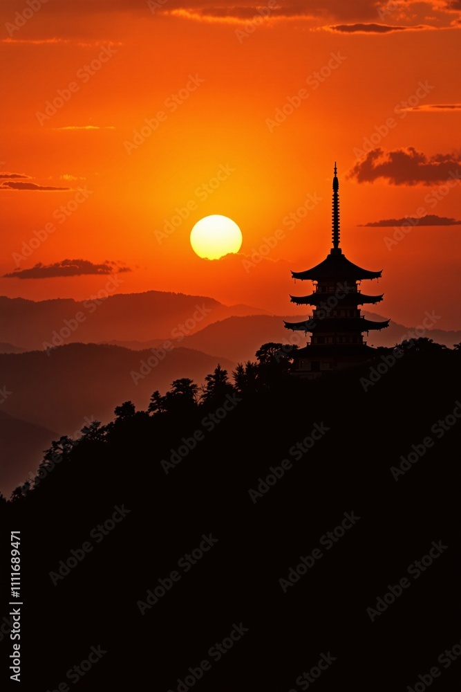 Fototapeta premium Silhouette of a Traditional Pagoda Against a Vibrant Sunset