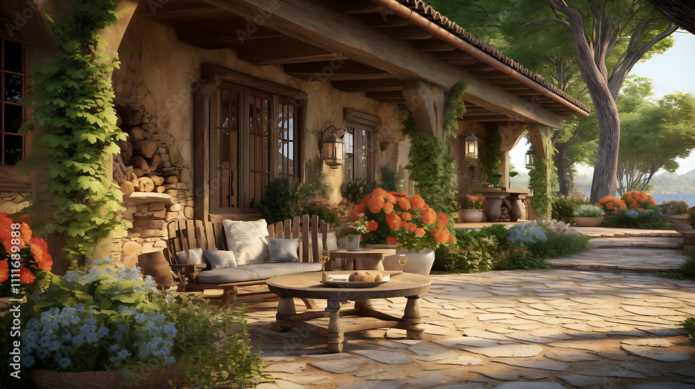the outdoor patio from this image shows furniture, generative ai the outdoor patio from this image shows furniture, generative ai