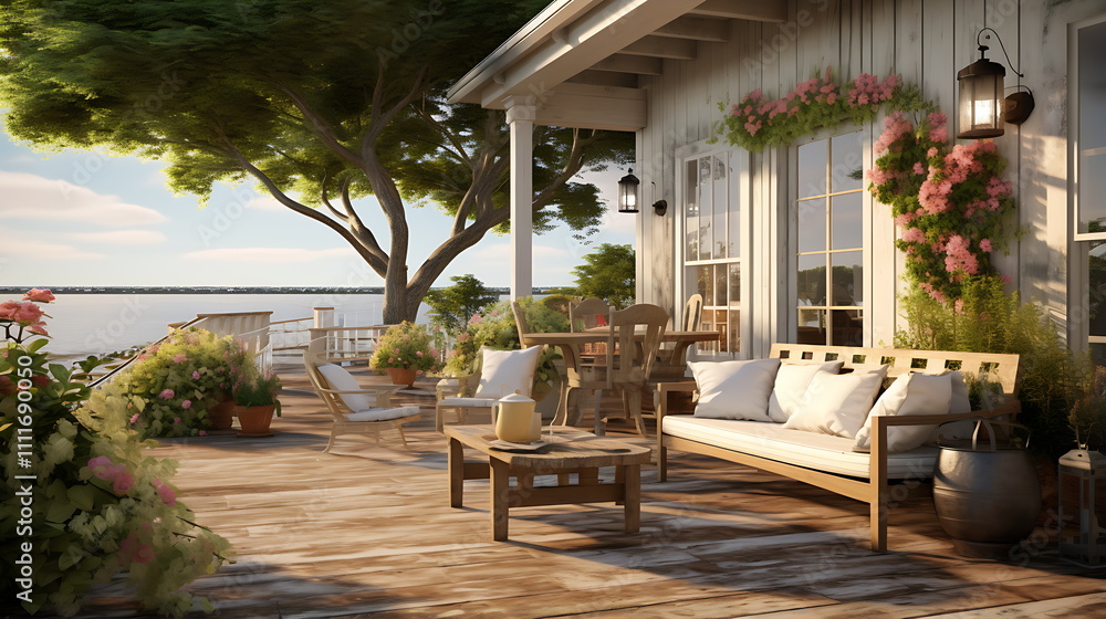 Fototapeta premium the outdoor patio from this image shows furniture, generative ai