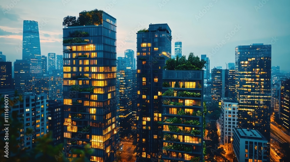 Modern city skyline with illuminated buildings at dusk. Modern city skyline with illuminated buildings at dusk.