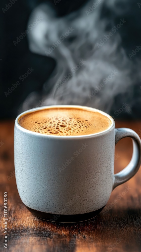 Steaming Hot Coffee in a Ceramic Mug on Wooden Table with Dark Background for Cozy and Inviting Atmosphere Steaming Hot Coffee in a Ceramic Mug on Wooden Table with Dark Background for Cozy and Inviting Atmosphere