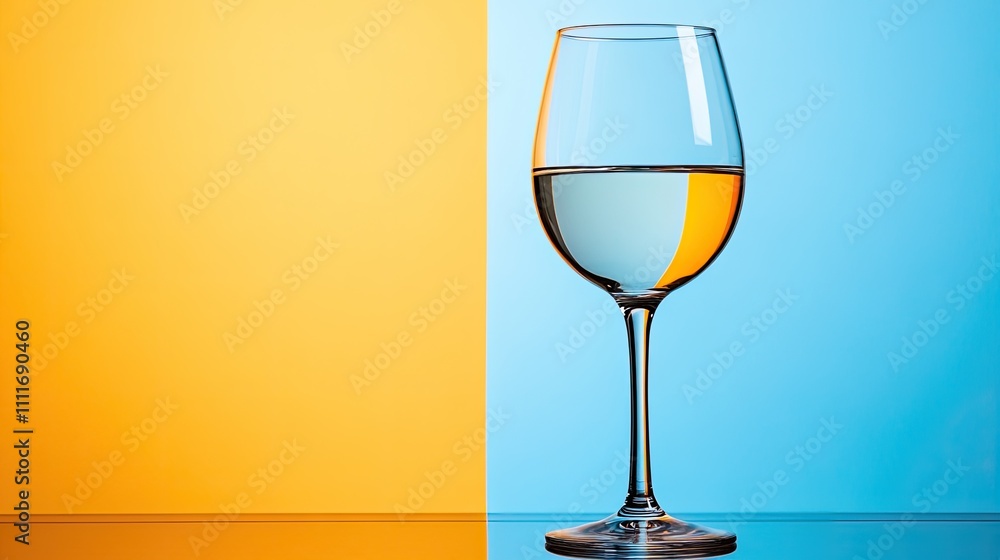 Elegant Wine Glass with Dual-Tone Background in Yellow and Blue Reflecting Modern Minimalist Aesthetic Elegant Wine Glass with Dual-Tone Background in Yellow and Blue Reflecting Modern Minimalist Aesthetic