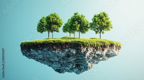 Three lush green trees on a floating island against a light blue sky. photo