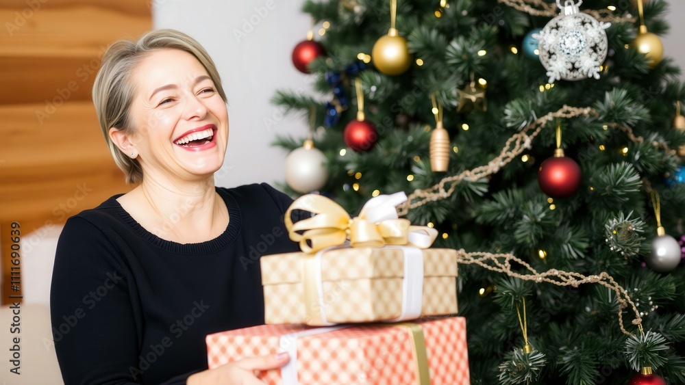 Joyful Woman Smiling with Christmas Presents and Tree, Perfect for Holiday Greeting Cards and Decorations Joyful Woman Smiling with Christmas Presents and Tree, Perfect for Holiday Greeting Cards and Decorations