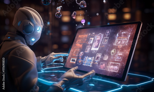 robot with a laptop and different icons on its, generative ai