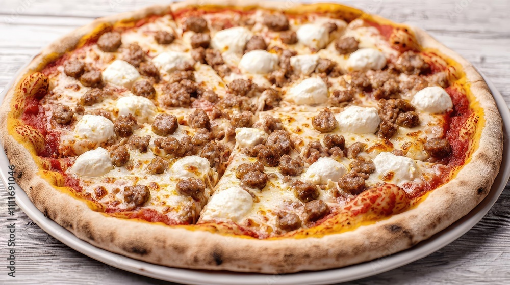 Delicious pizza topped with cheese and savory sausage, on a rustic wooden table. Delicious pizza topped with cheese and savory sausage, on a rustic wooden table.