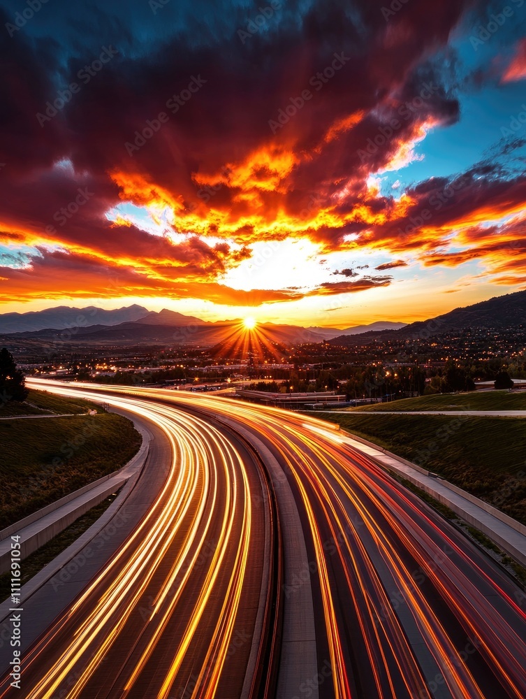 Stunning Sunset Over Highway with Vibrant Sky and Light Trails Capturing the Beauty of Nature and Urban Life in Perfect Harmony Stunning Sunset Over Highway with Vibrant Sky and Light Trails Capturing the Beauty of Nature and Urban Life in Perfect Harmony