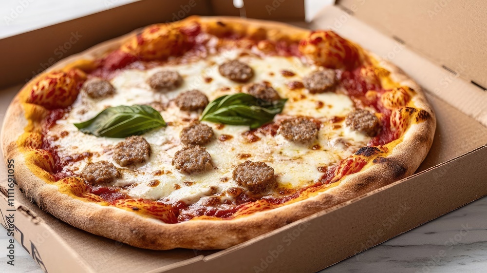 Mouthwatering pizza with meatballs in a takeout box, fresh ingredients, delicious flavor. Mouthwatering pizza with meatballs in a takeout box, fresh ingredients, delicious flavor.