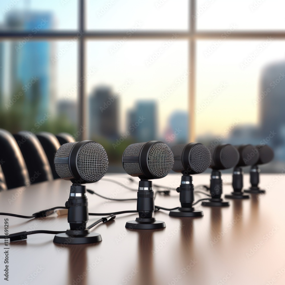 Close-Up View of Multiple Professional Microphones Set Up on a Conference Table Against a Scenic Sunset City Background for Event Recording and Broadcasting Close-Up View of Multiple Professional Microphones Set Up on a Conference Table Against a Scenic Sunset City Background for Event Recording and Broadcasting