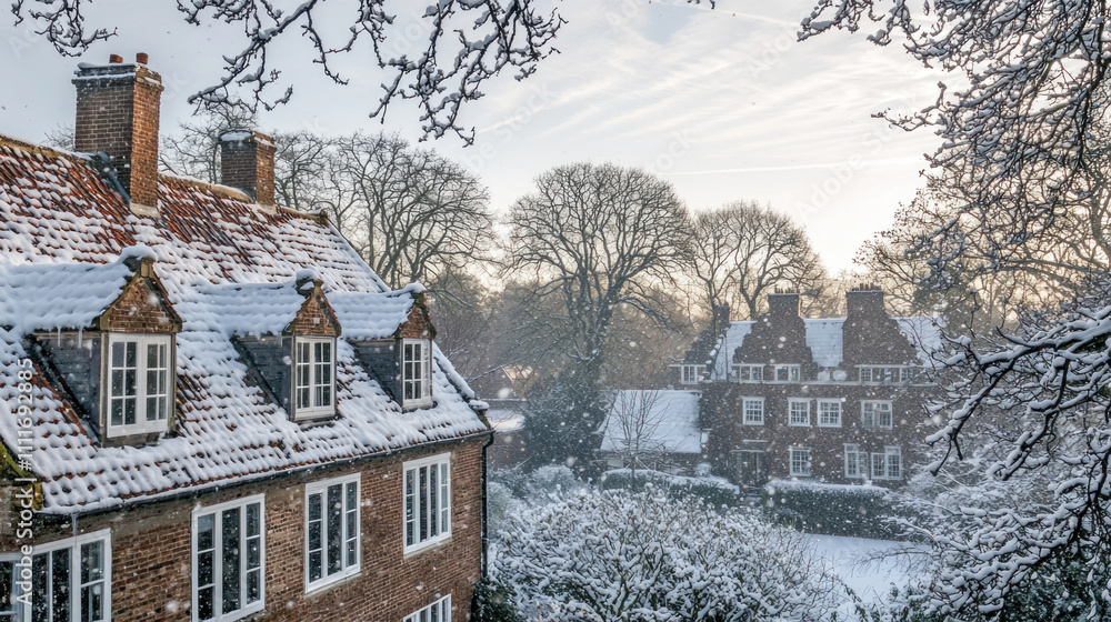 Snow-covered brick houses and trees in winter. Snow-covered brick houses and trees in winter.