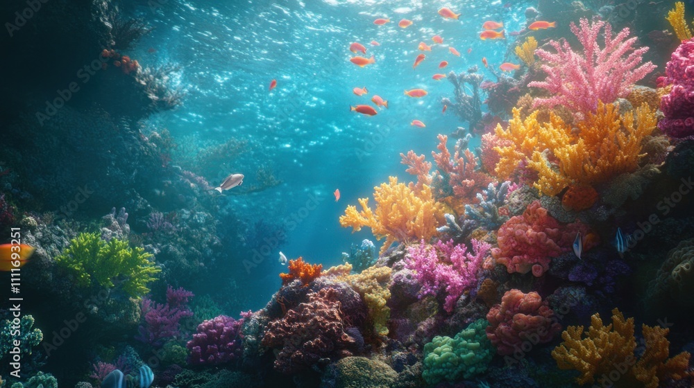 Obraz premium Vibrant coral reef teeming with colorful fish and diverse marine life under sunlight.
