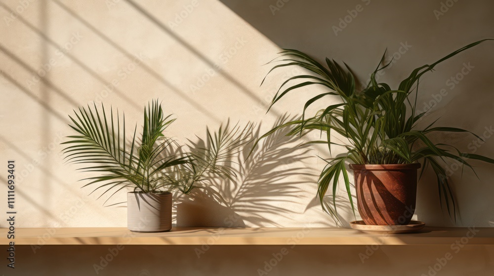 Natural Light Illuminates Indoor Plants with Beautiful Shadows on a Wooden Shelf Against a Soft Wall, Creating a Serene and Inviting Atmosphere in Home Decor Natural Light Illuminates Indoor Plants with Beautiful Shadows on a Wooden Shelf Against a Soft Wall, Creating a Serene and Inviting Atmosphere in Home Decor