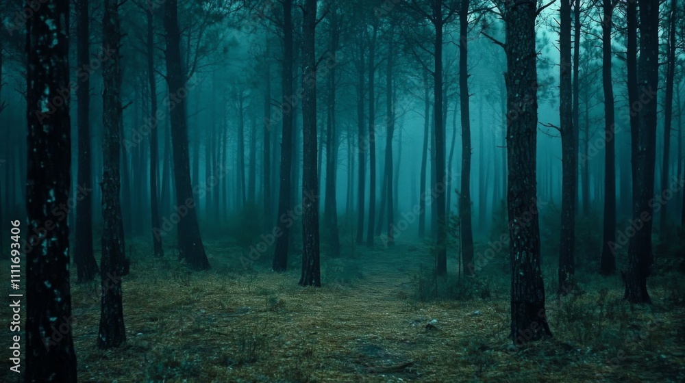 Fototapeta premium A Misty Forest Path with Tall Trees