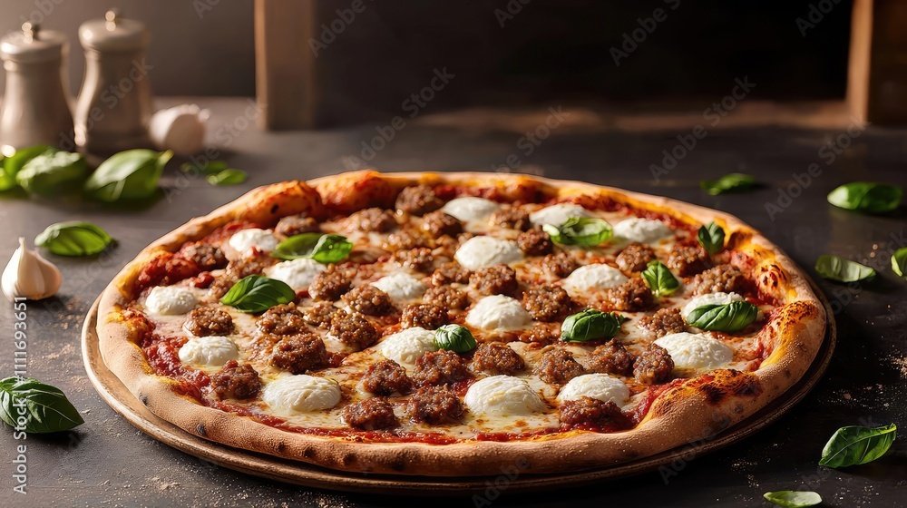 Delicious pizza topped with meatballs, mozzarella, and fresh basil leaves. Delicious pizza topped with meatballs, mozzarella, and fresh basil leaves.