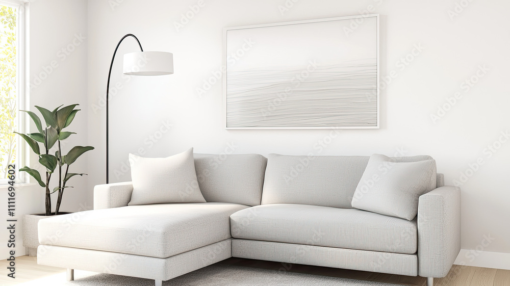 Modern living room with grey sofa and minimalist decor Modern living room with grey sofa and minimalist decor