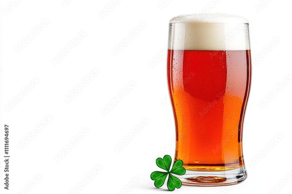 A Refreshing Pint of Amber Beer with a Shamrock on a White Background A Refreshing Pint of Amber Beer with a Shamrock on a White Background