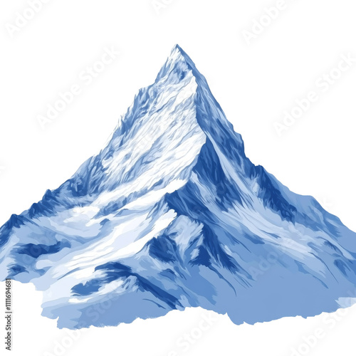 Simple snow-capped mountain peak with soft shading and clean lines, cool blue and white tones, isolated on transparent background photo