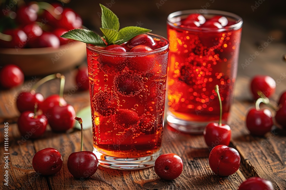 Sparkling cherry drink with fresh cherries. A refreshing summer beverage. Sparkling cherry drink with fresh cherries. A refreshing summer beverage.
