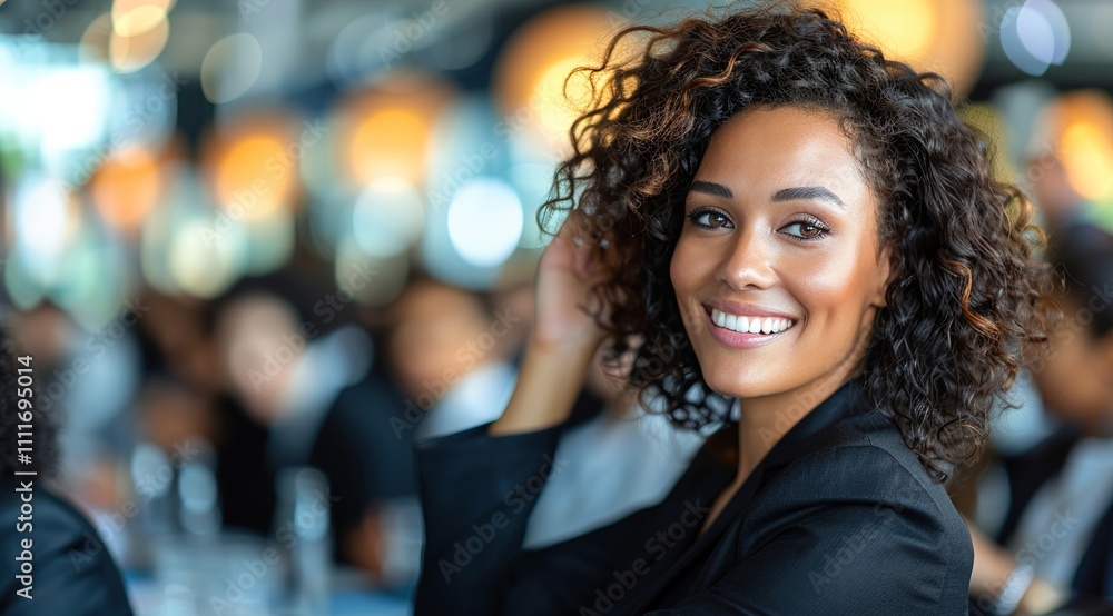 Happy black student raising arm to answer question while attending class with her university colleagues. Happy black student raising arm to answer question while attending class with her university colleagues.