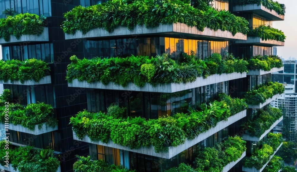 Modern green building with balconies, urban landscape at sunset. Modern green building with balconies, urban landscape at sunset.
